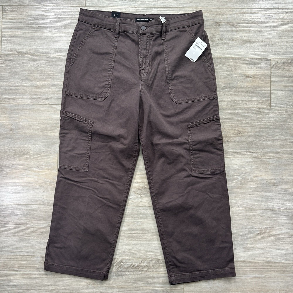 NWT Good American Women's 12/31 Cargo Crop Twill L Pants Bark Chocolate Brown